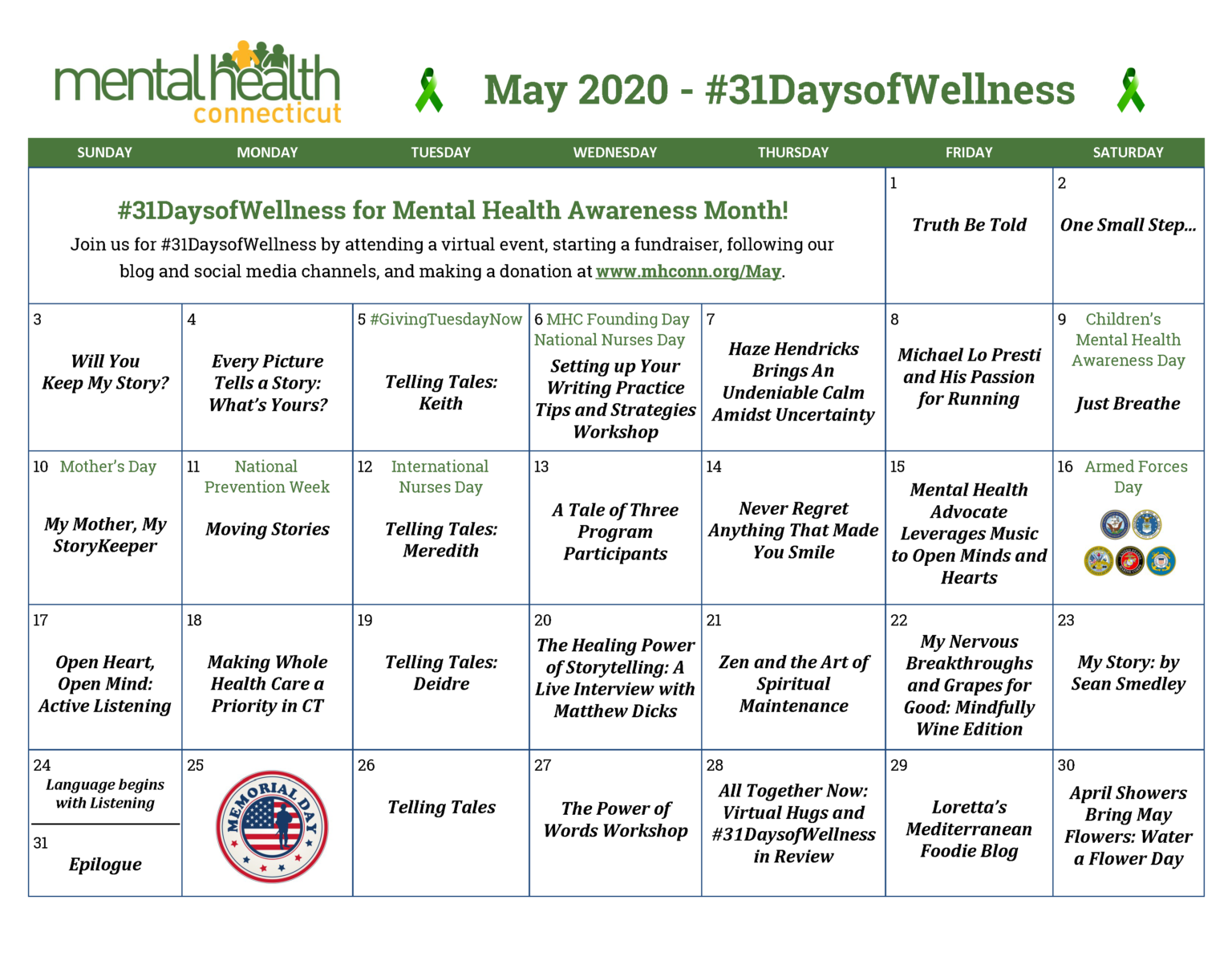 MHM calendar 2020 Mental Health Connecticut